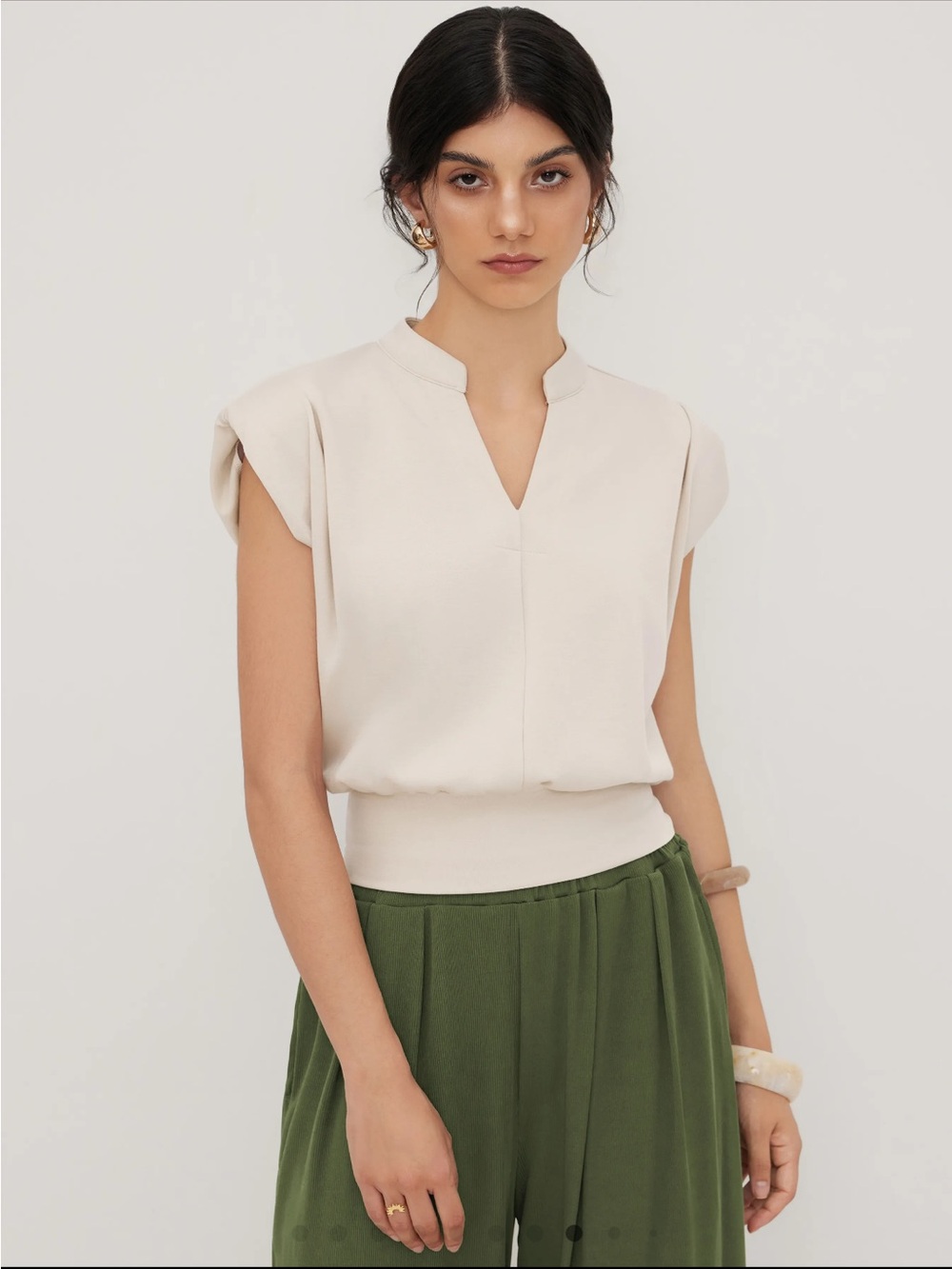 Cider Beige V-Neck Pleated Crop Top